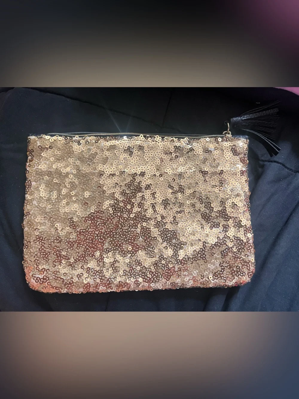 ipsy Gold Sequin Pouch with Black Tassel Accent
